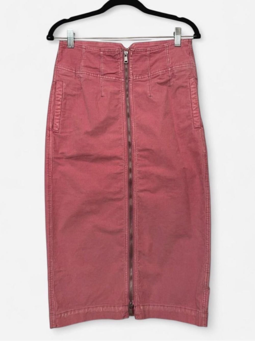 We The Free Rose-Pink Front-Zip Denim Pencil Skirt